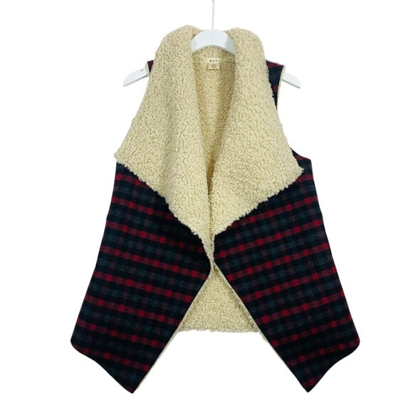 RUYI Sherpa Lined Open Front Plaid Vest One Size - Picture 4 of 16